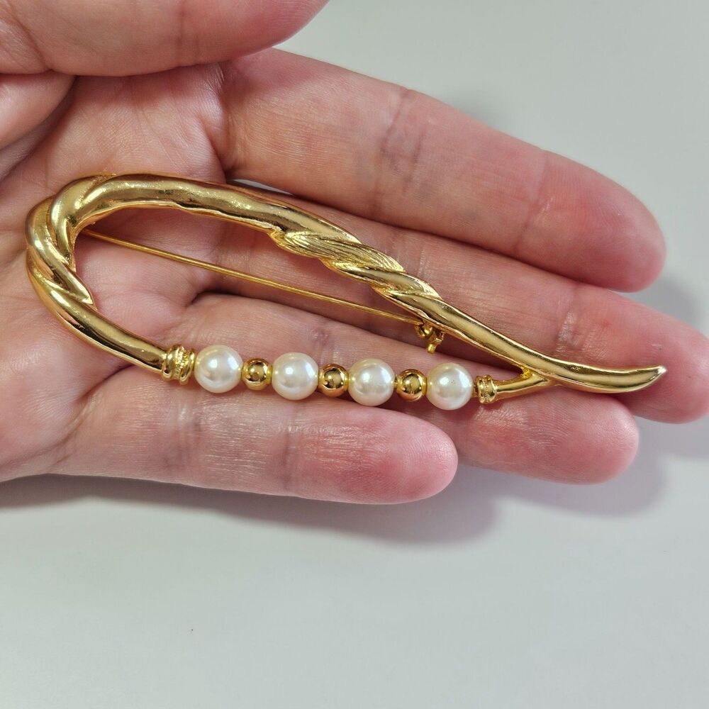 Gold Tone Faux Pearl Brooch Vintage Swoop Design